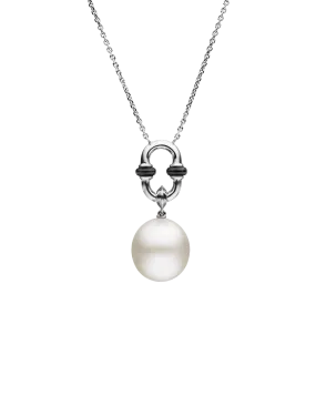 Black Spinel Anchor Link Pearl Necklet | 13mm Oval Pearl, Black Spinel, and White Gold