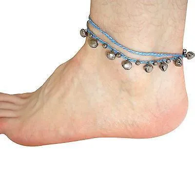 Blue Ankle Bracelet Foot Anklet Cord Chain Silver Bells Mans Girl Feet Jewellery