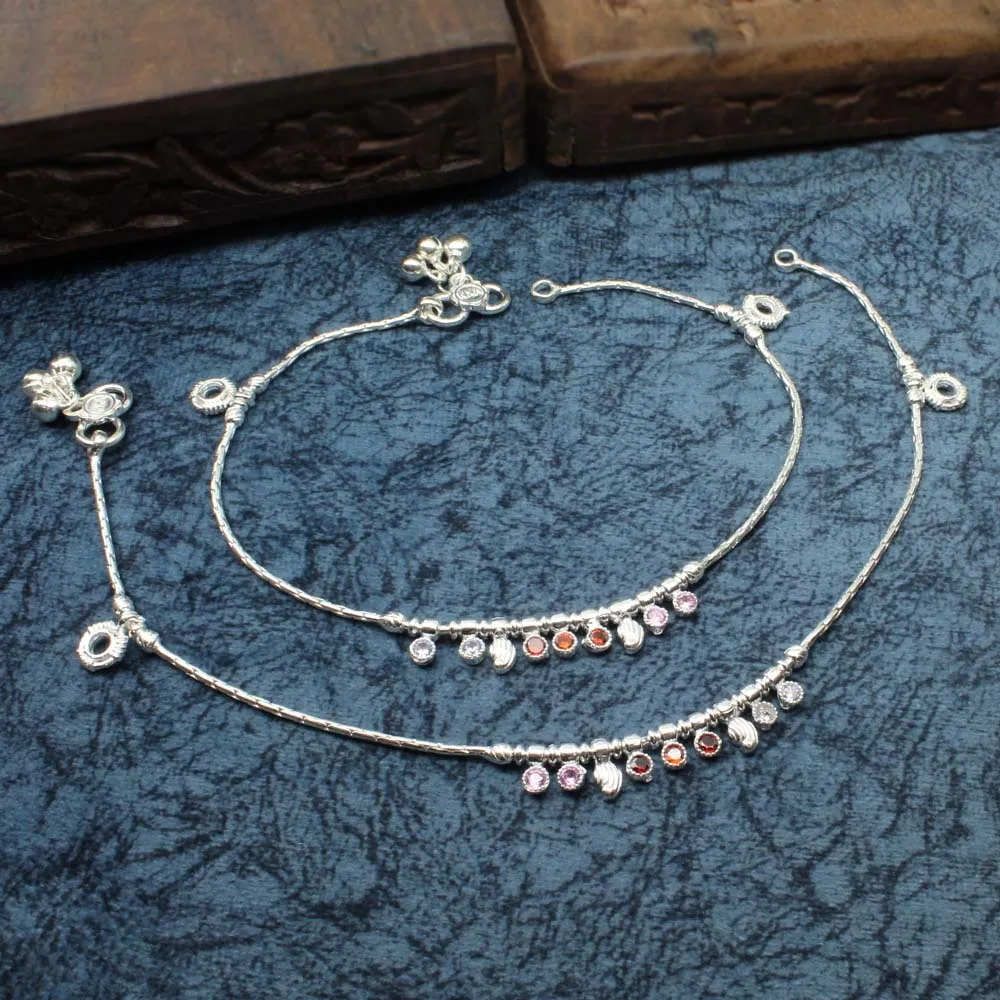 Cute Real Sterling Silver CZ Anklets Bracelet Pair 10.3"