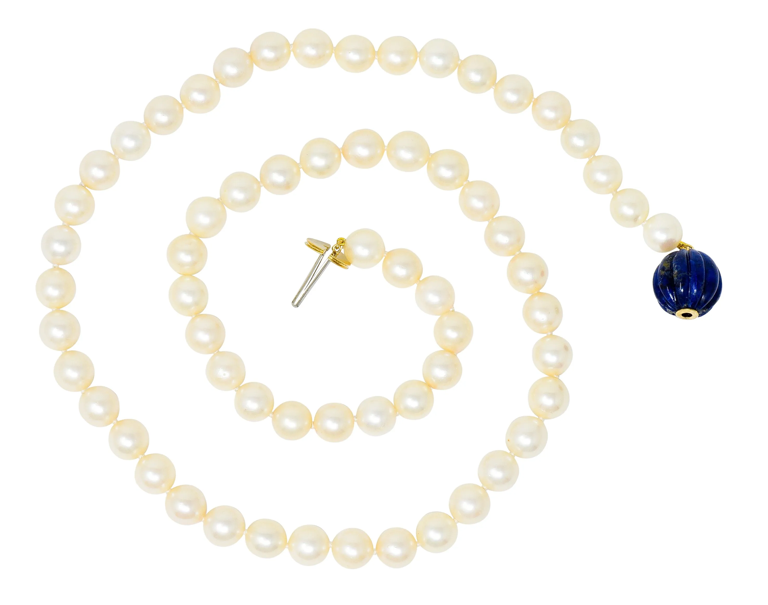 David Webb Cultured Pearl Lapis 18 Karat Gold Strand Necklace Circa 1960