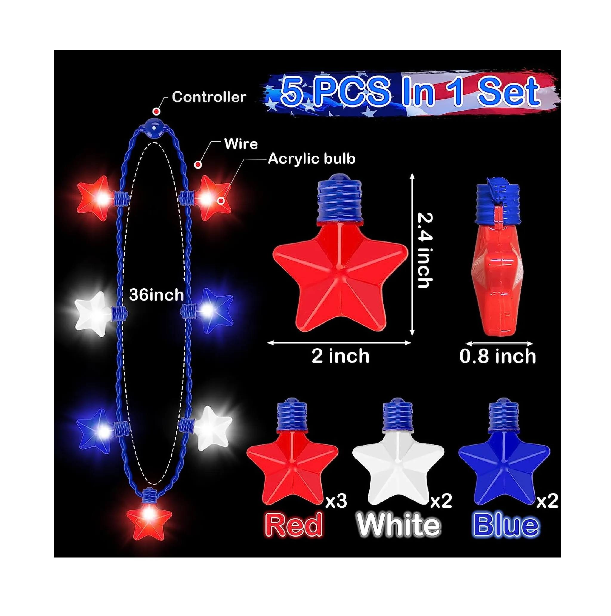 DR·AMIU 5 Pack 4th of July Party Accessories LED Necklaces with 6 Different Modes Red White and Blue American Flag Star