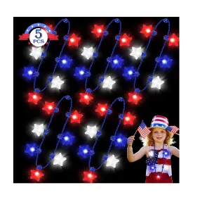 DR·AMIU 5 Pack 4th of July Party Accessories LED Necklaces with 6 Different Modes Red White and Blue American Flag Star