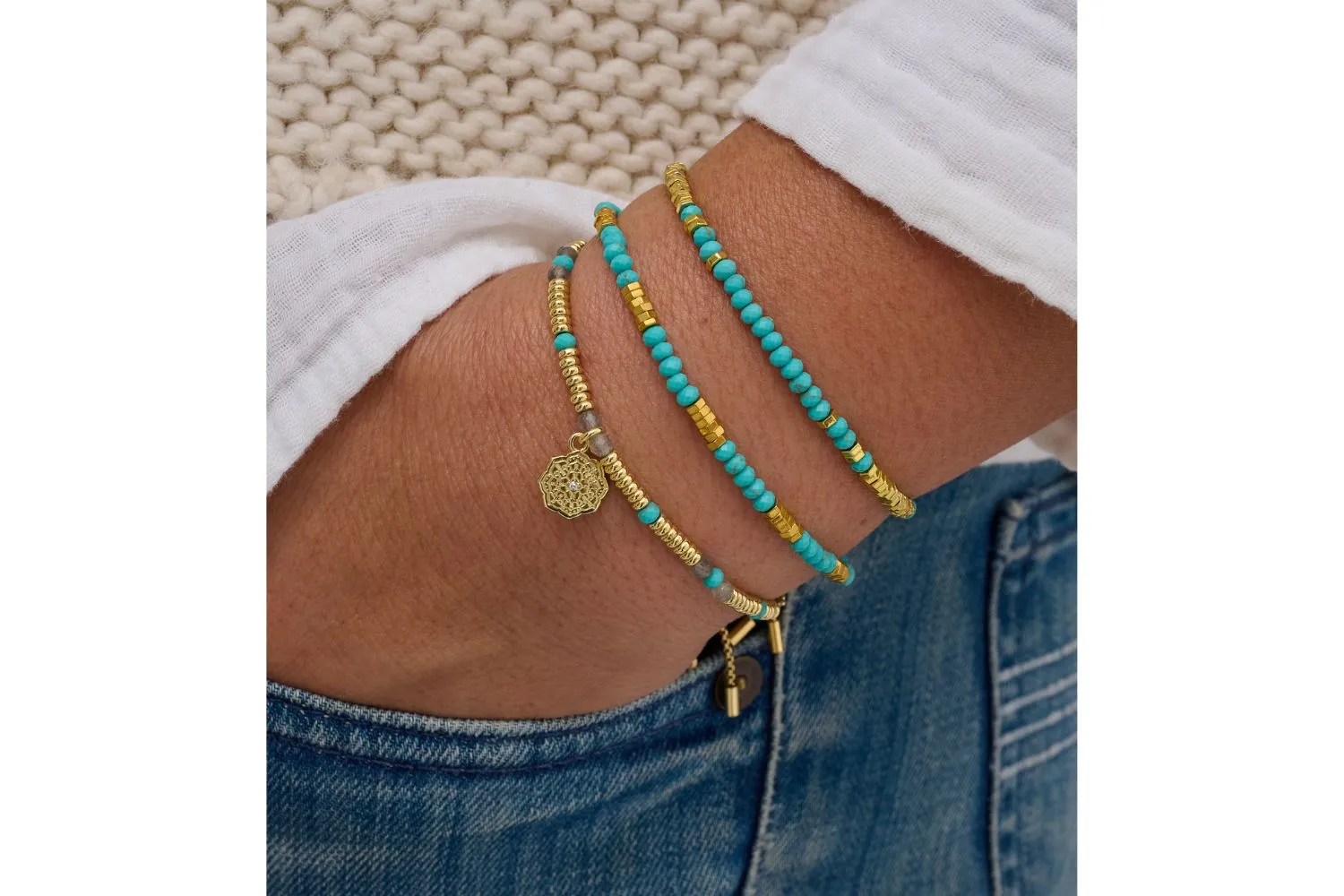 Drift 3 Layer Turquoise Gold Bracelet Stack