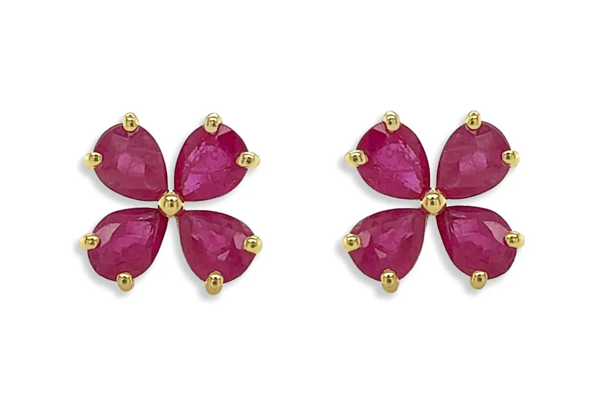 Earrings 18kt Gold Pear Shape Gemstones Flower Studs