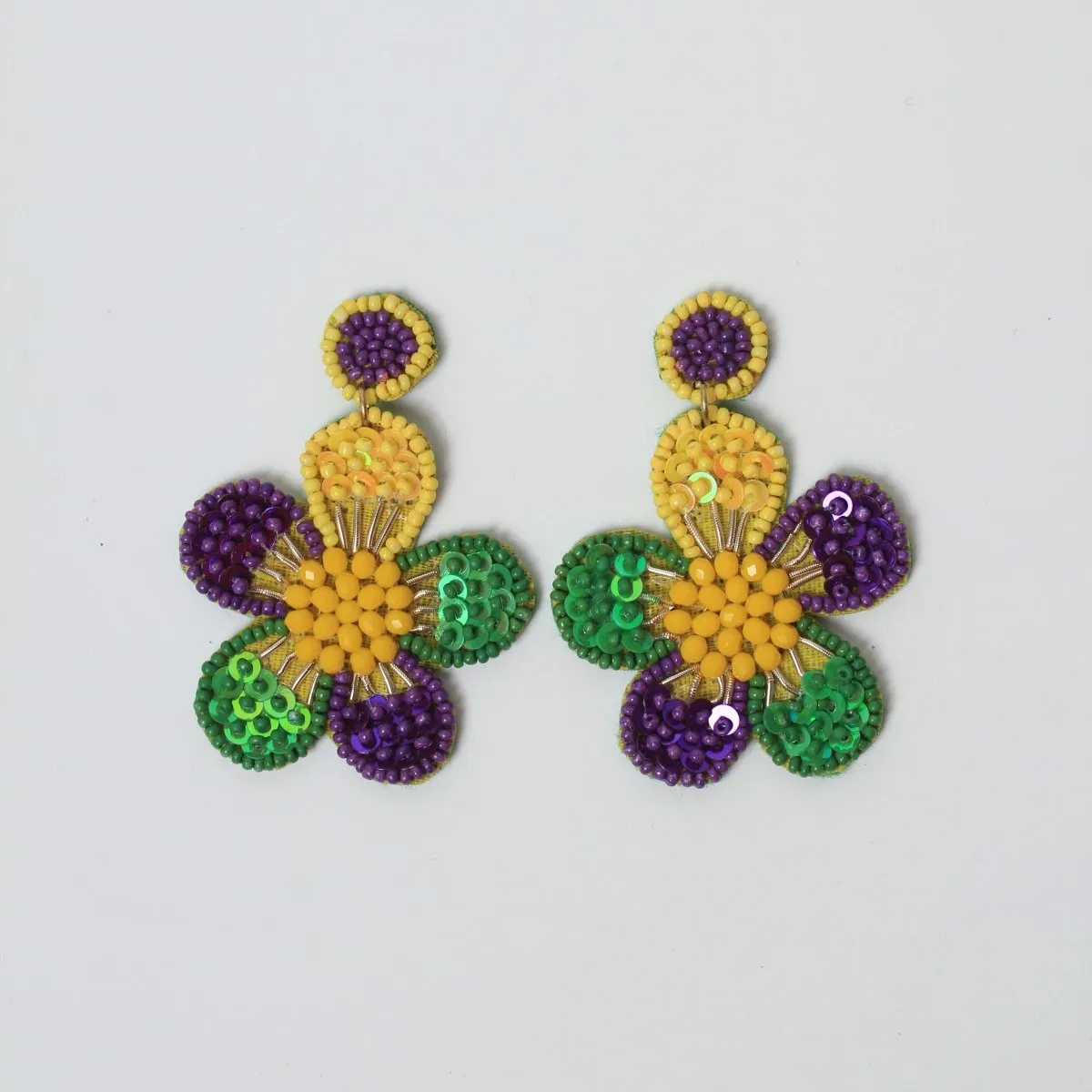 Floral Beaded Mardi Gras Earrings with Sequins