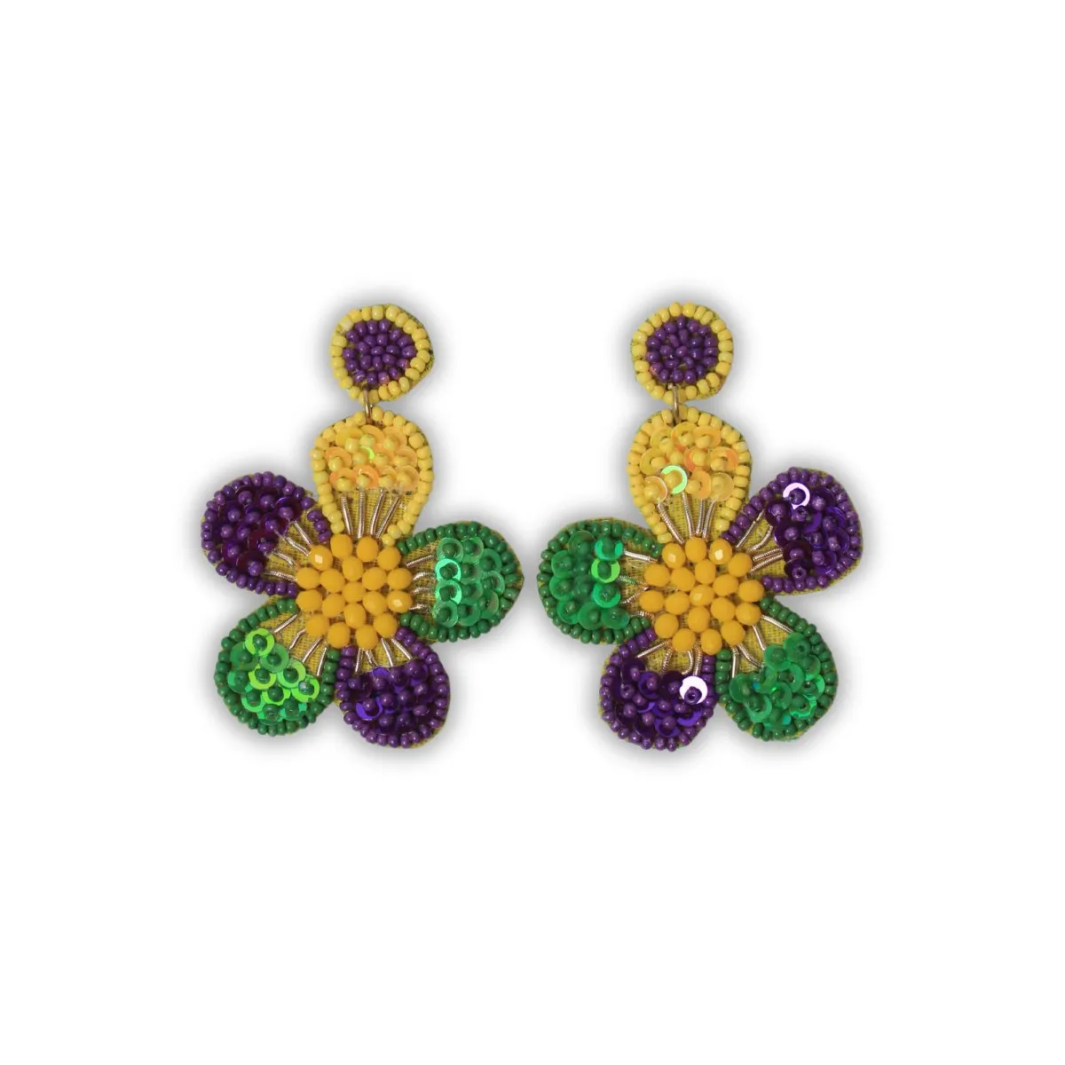 Floral Beaded Mardi Gras Earrings with Sequins