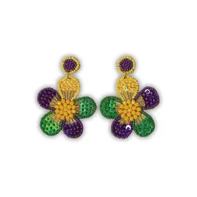 Floral Beaded Mardi Gras Earrings with Sequins