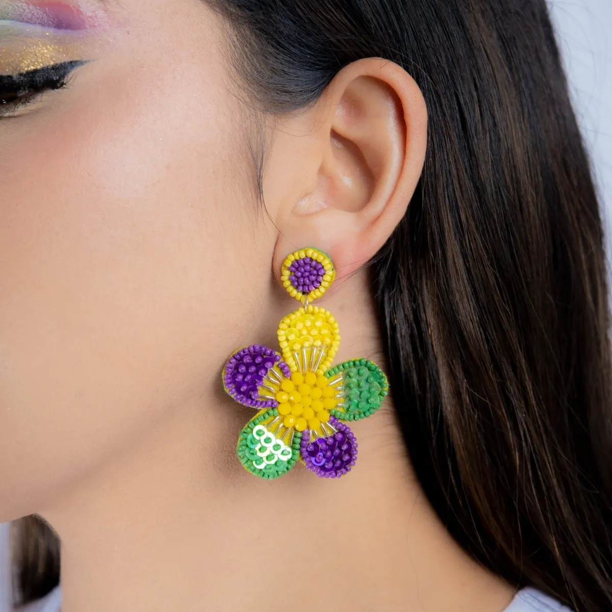 Floral Beaded Mardi Gras Earrings with Sequins