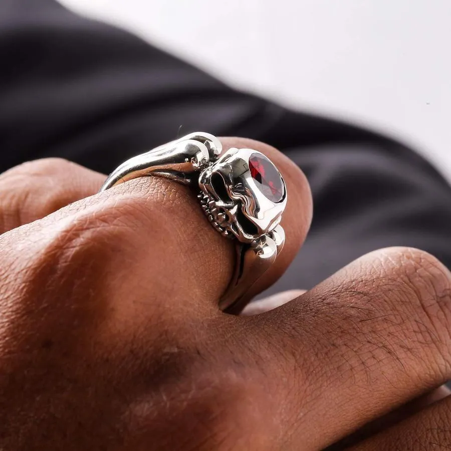 Garnet Gothic Bone Skull Wedding Rings