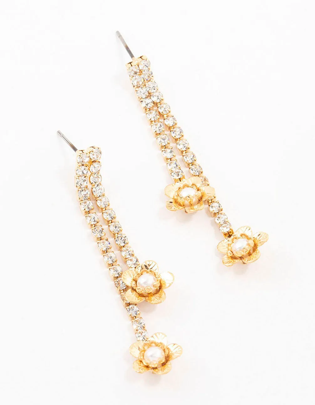 Gold Cup Chain Pearl Flower Drop Earrings