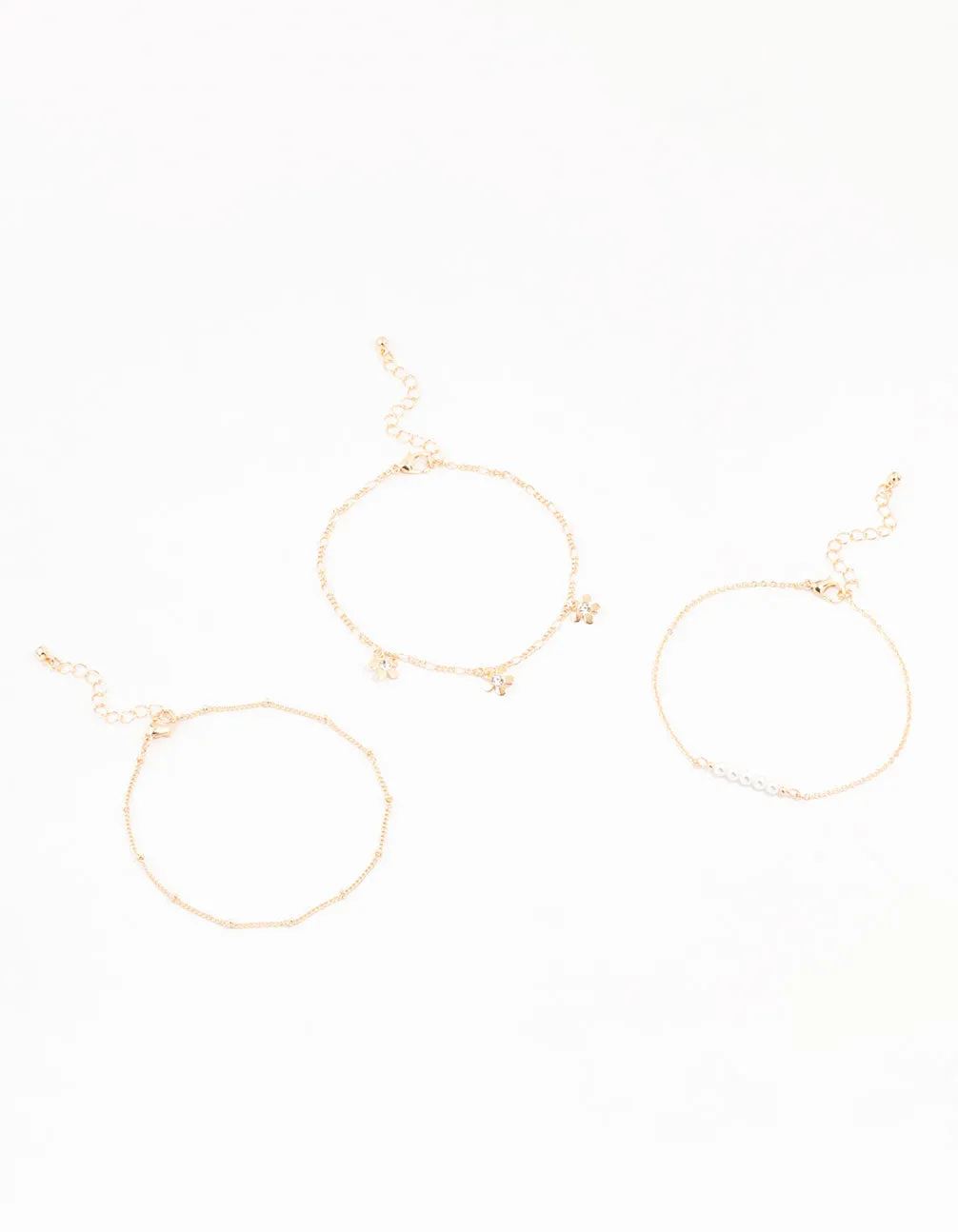 Gold Pearl Flower Drop Anklet 3-Pack