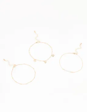 Gold Pearl Flower Drop Anklet 3-Pack