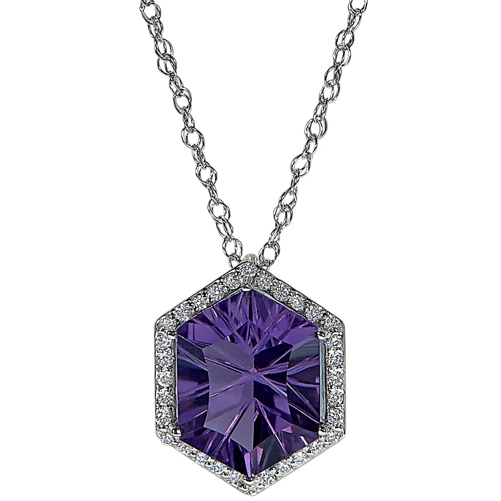 Halo Concave Hexagon Amethyst and Diamond Necklace Worn Two Ways