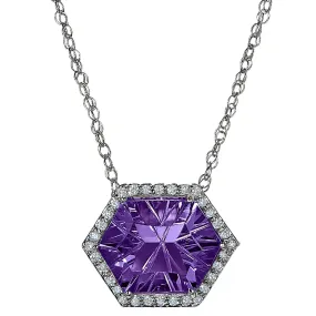 Halo Concave Hexagon Amethyst and Diamond Necklace Worn Two Ways