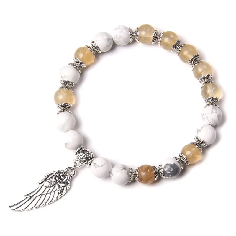 Handmade Silver Color Angel Wing charm Bracelet With Natural Stone Beads