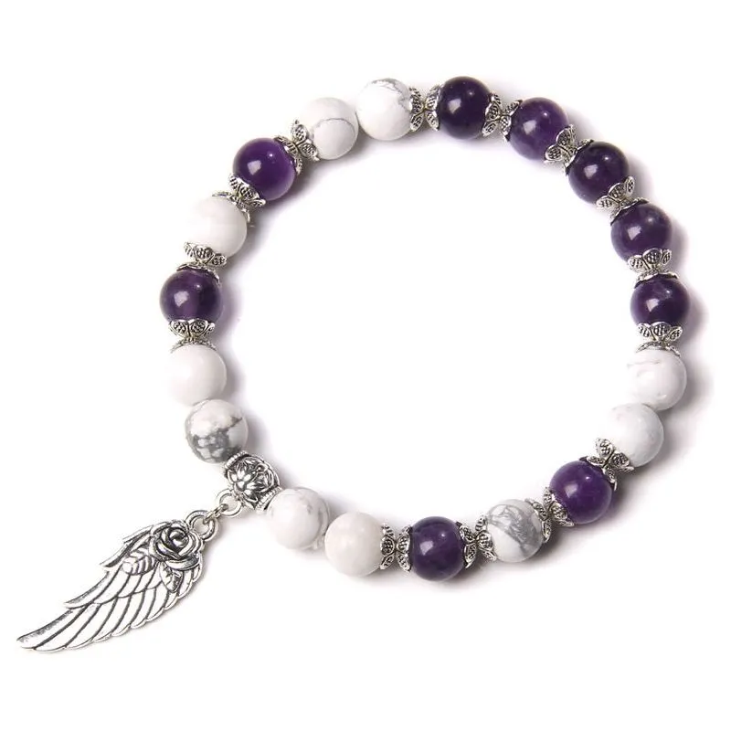 Handmade Silver Color Angel Wing charm Bracelet With Natural Stone Beads