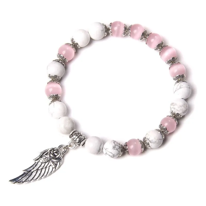 Handmade Silver Color Angel Wing charm Bracelet With Natural Stone Beads