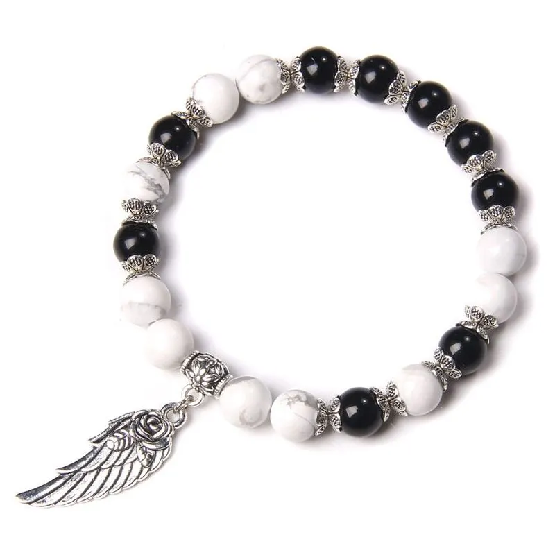 Handmade Silver Color Angel Wing charm Bracelet With Natural Stone Beads