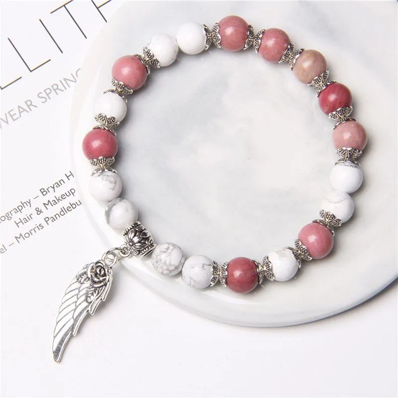 Handmade Silver Color Angel Wing charm Bracelet With Natural Stone Beads