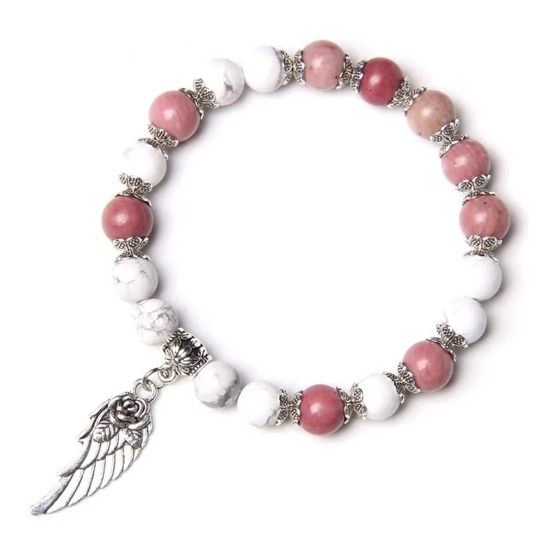 Handmade Silver Color Angel Wing charm Bracelet With Natural Stone Beads