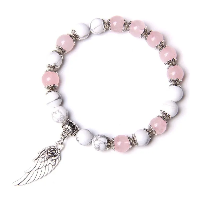 Handmade Silver Color Angel Wing charm Bracelet With Natural Stone Beads