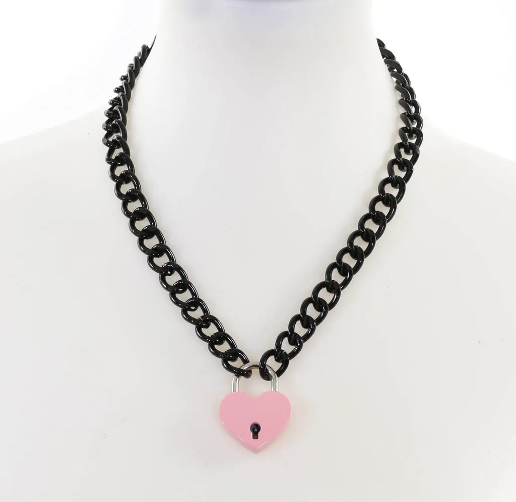 Heart Padlock Necklace - Light Pink with Black Chain by Funk Plus