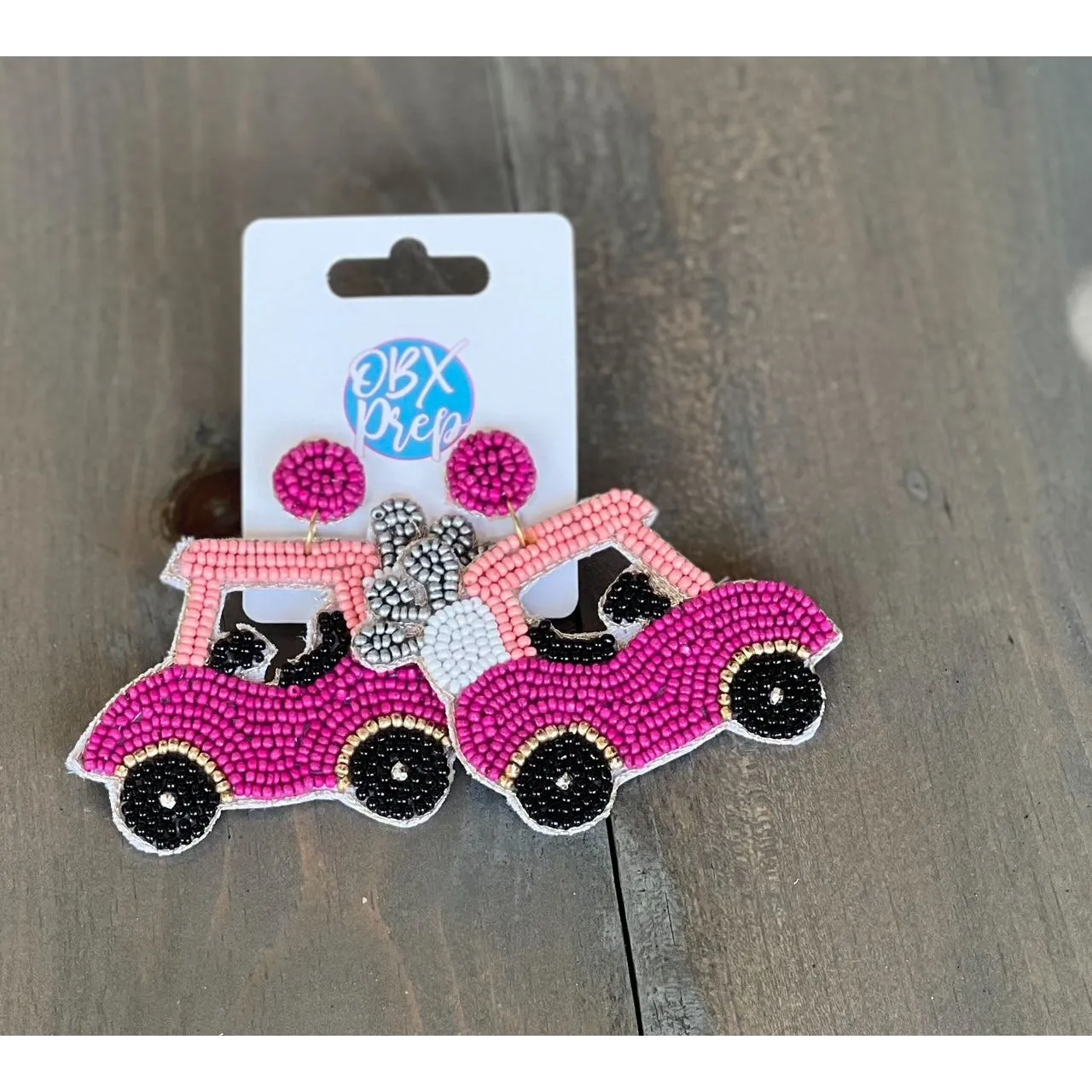 Hot Pink Golf Cart Seed Bead Drop Earrings.