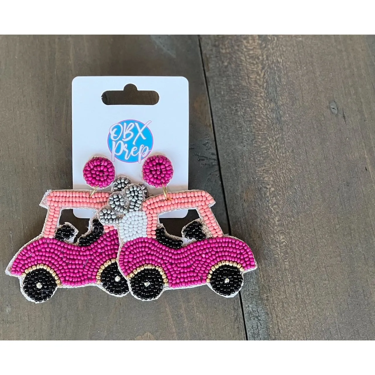 Hot Pink Golf Cart Seed Bead Drop Earrings.