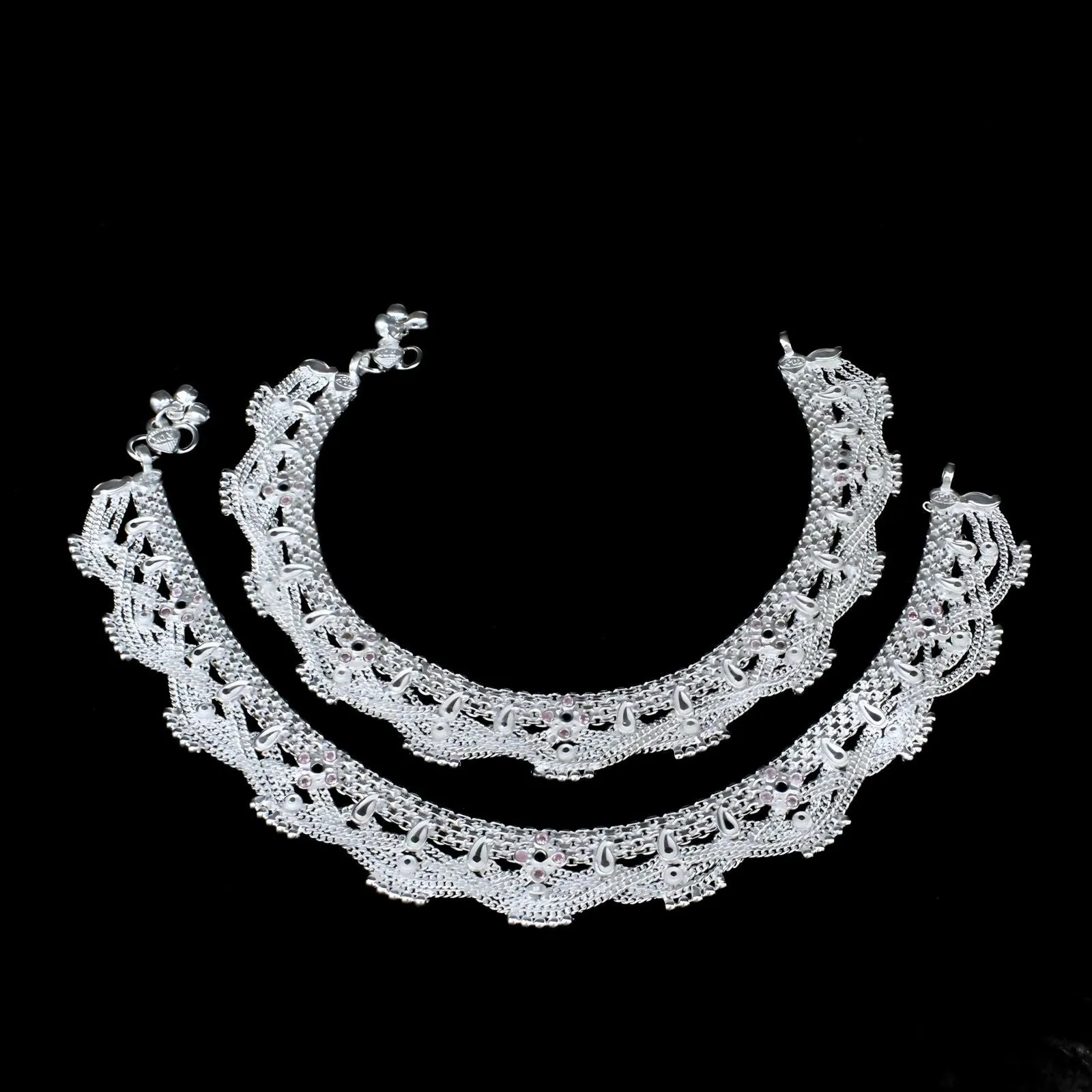 Indian cultural design Real Sterling Silver women Anklets Ankle Pair 10.3"