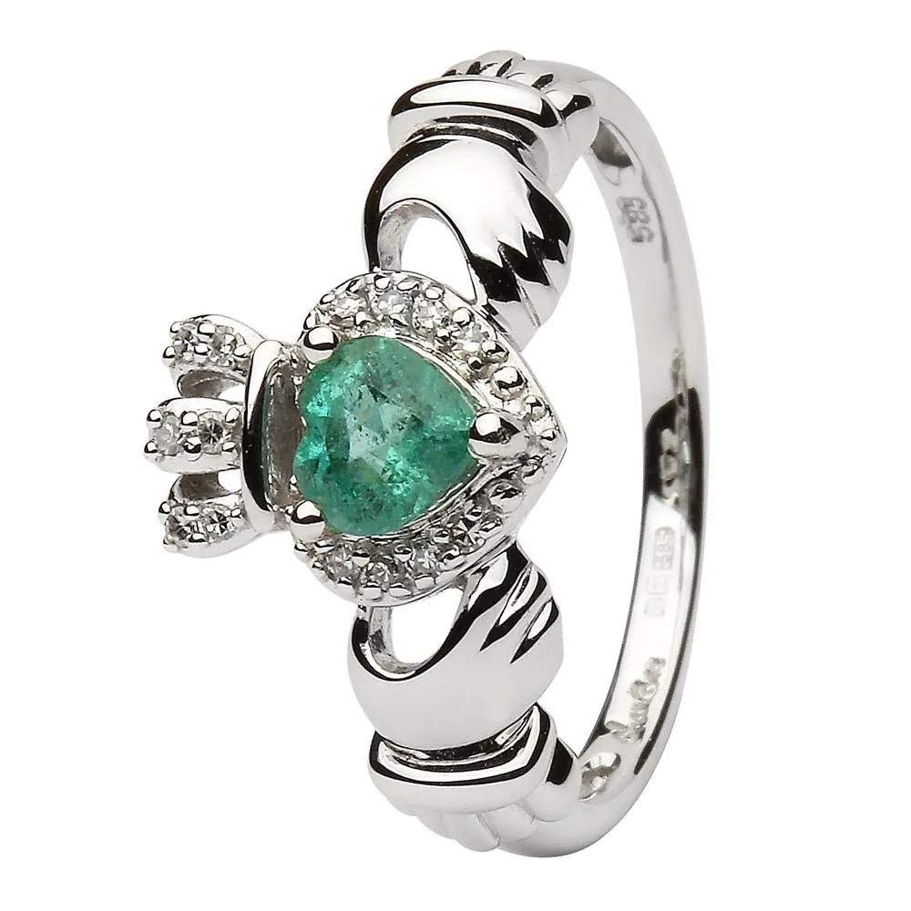 Ladies 14K White Gold Claddagh Ring with Emerald and Diamonds - SL-14L82EW