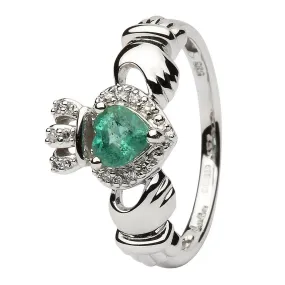 Ladies 14K White Gold Claddagh Ring with Emerald and Diamonds - SL-14L82EW