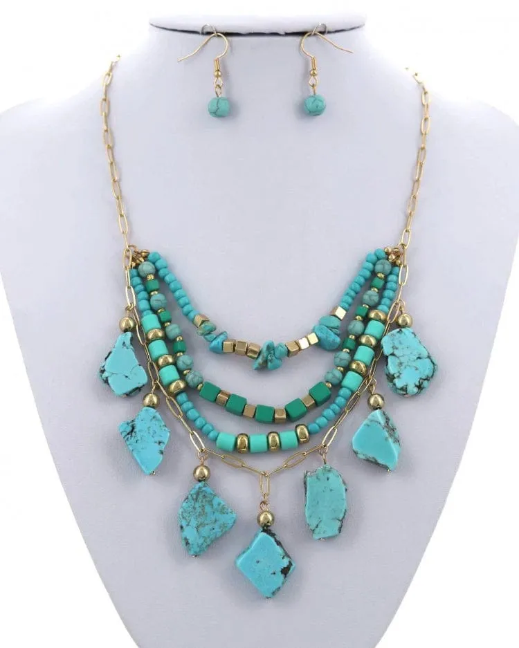 Link Chain Semi Precious Stone Drop Necklace & Earring Set