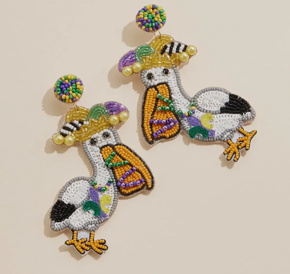 Mardi Gras Pelican Beaded Earrings