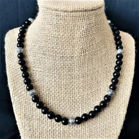 Mens Black Onyx and Silver Barrel Beaded Necklace