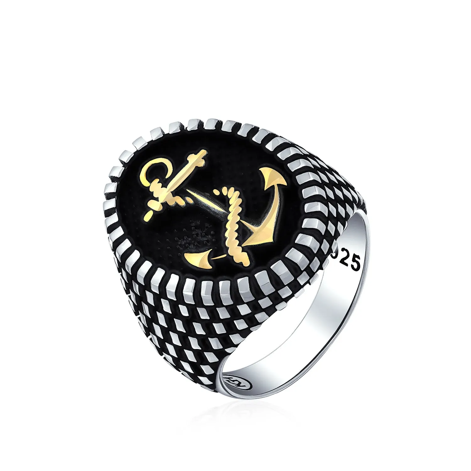 Mens Silver Ring Oval Signet Nautical Anchor Black Gold-Tone Sterling Silver Turkey