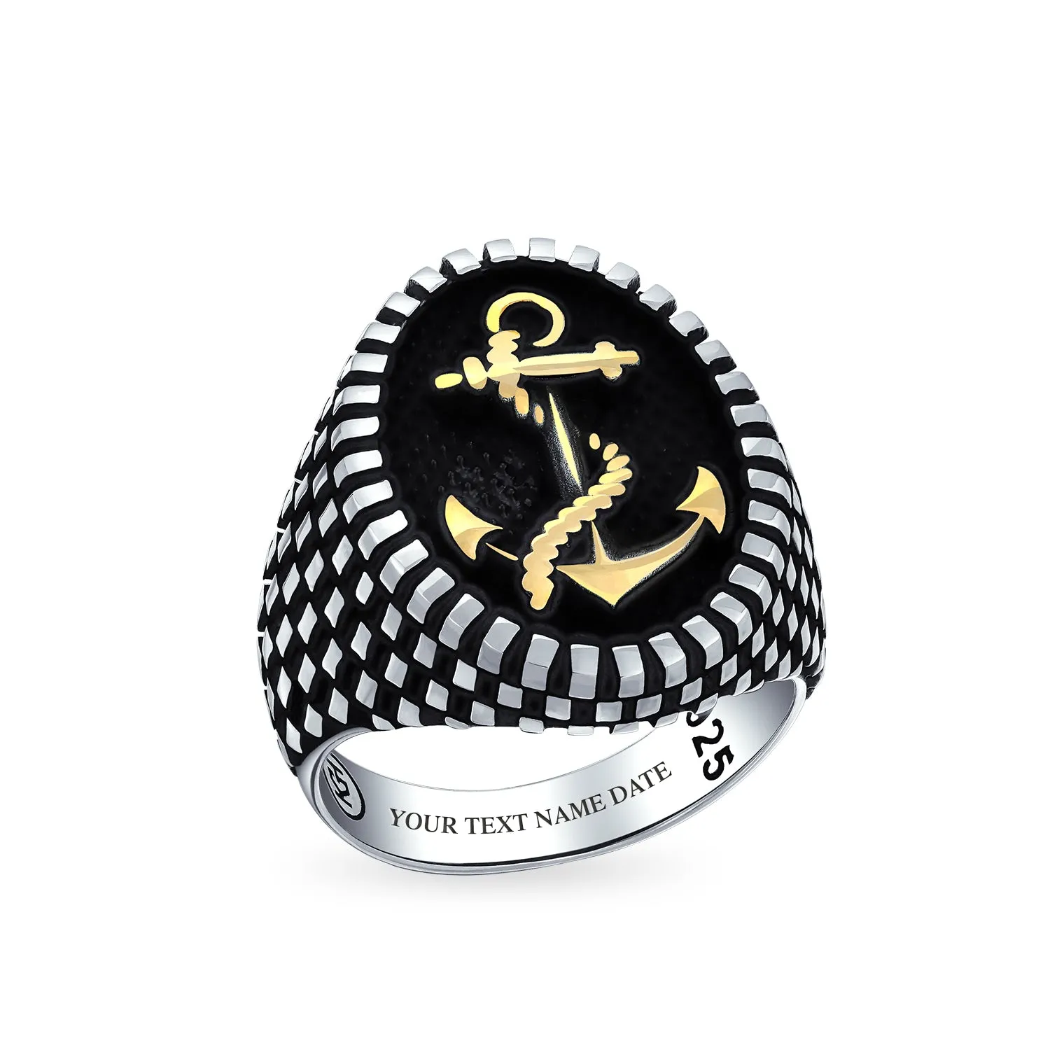 Mens Silver Ring Oval Signet Nautical Anchor Black Gold-Tone Sterling Silver Turkey