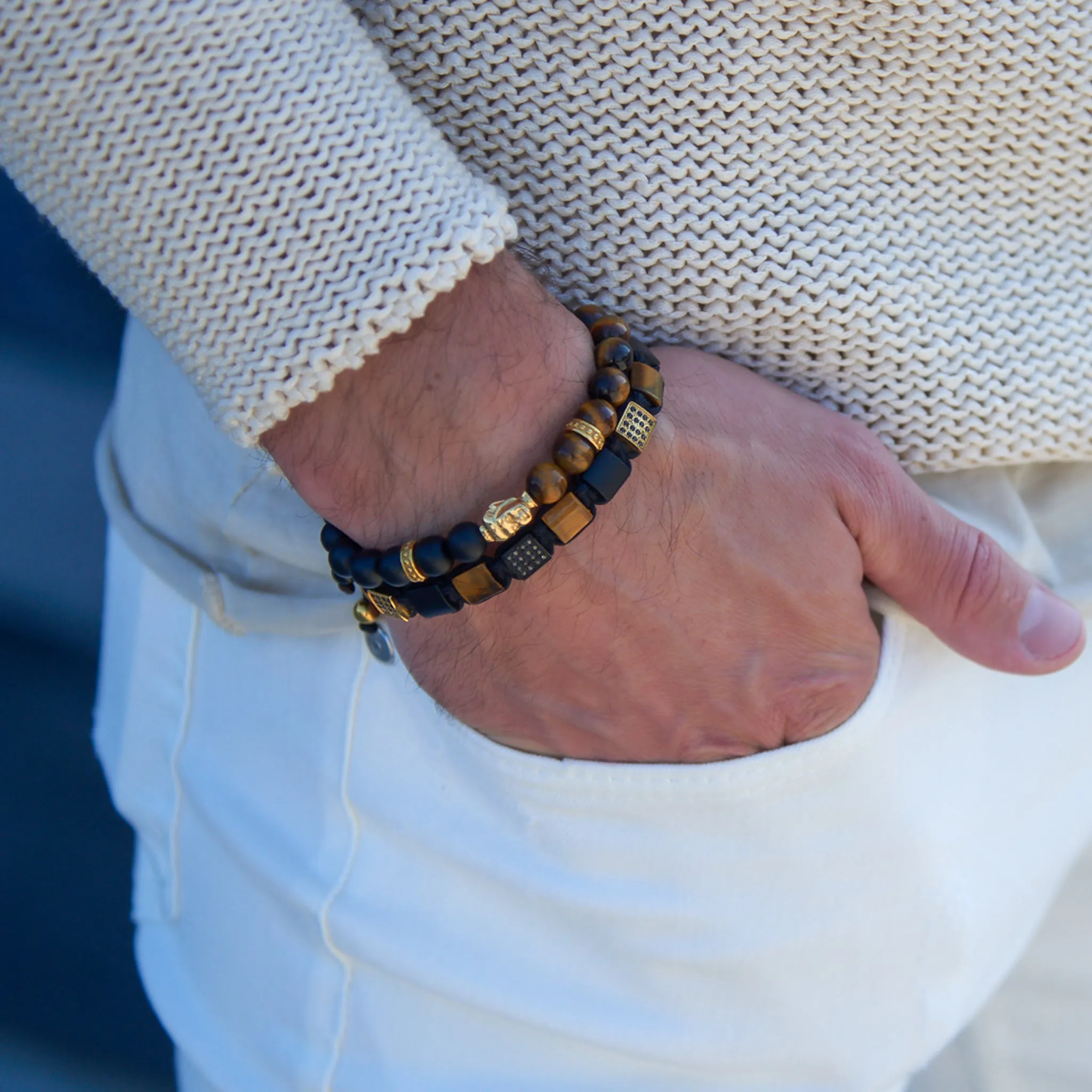 Men's TIGER EYE, MATTE ONYX Flat bead Bracelet