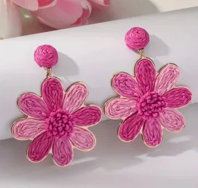 Pink Multi Raffia Flower Dangle Earrings