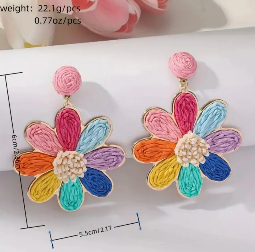 Pink Multi Raffia Flower Dangle Earrings