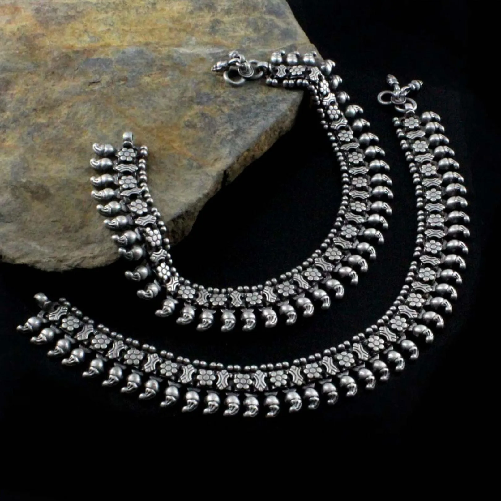 Real Silver Bridal Women Oxidized Anklets Ankle Pair 10.3"