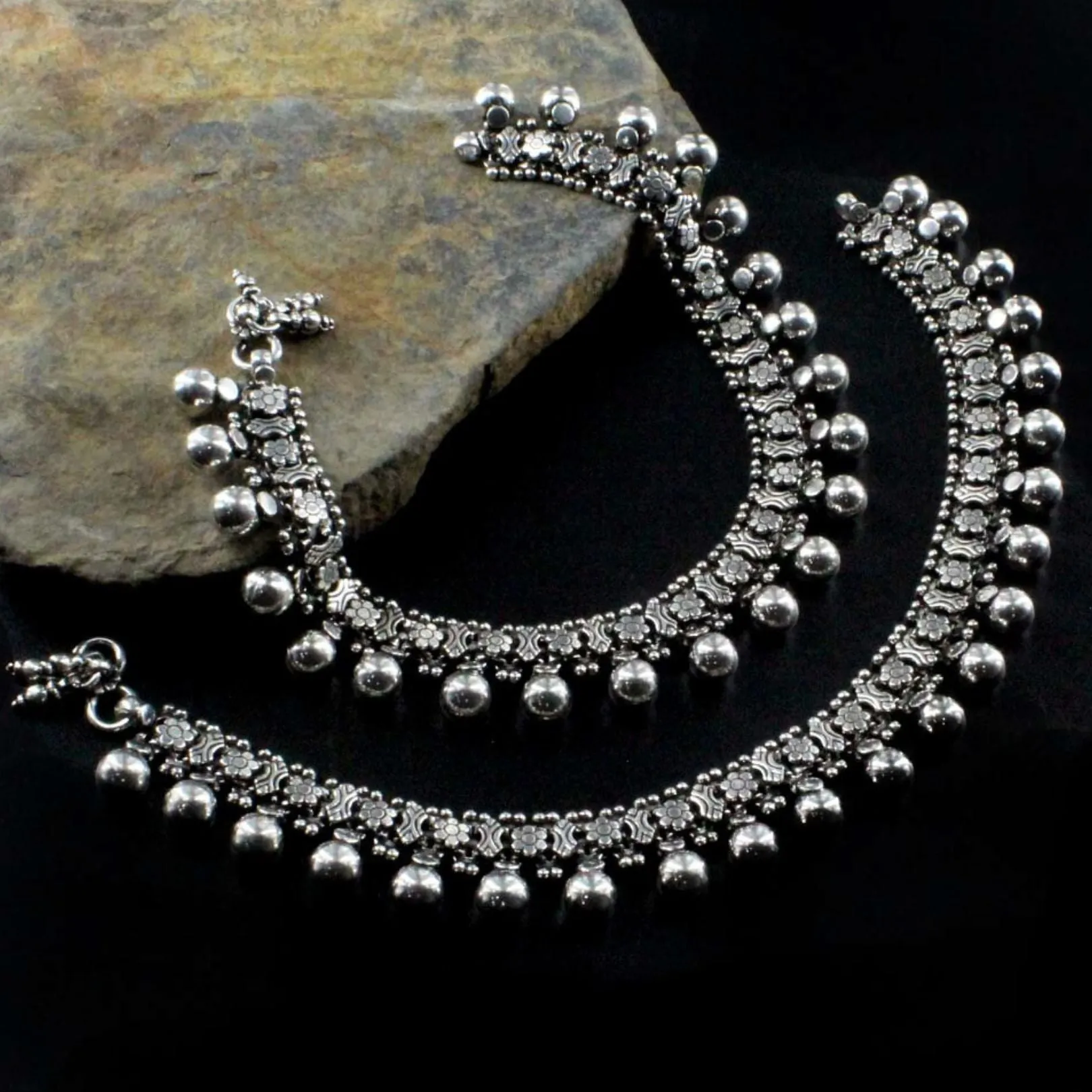 Real Silver Bridal Women Oxidized Anklets Ankle Pair 10.5"