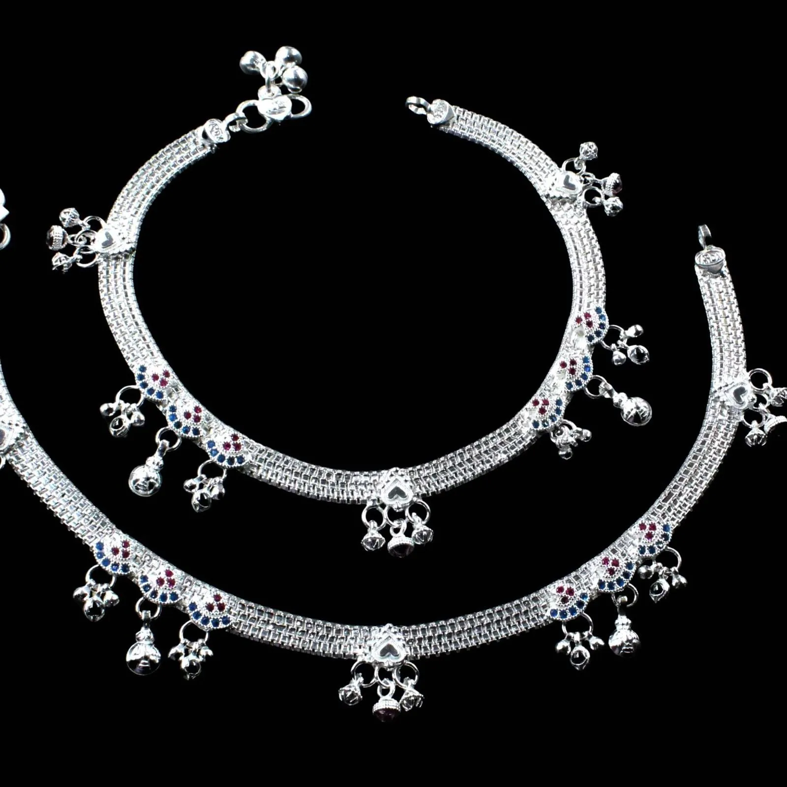 Real Sterling Silver Indian Women CZ Anklets Ankle Pair 10.3"