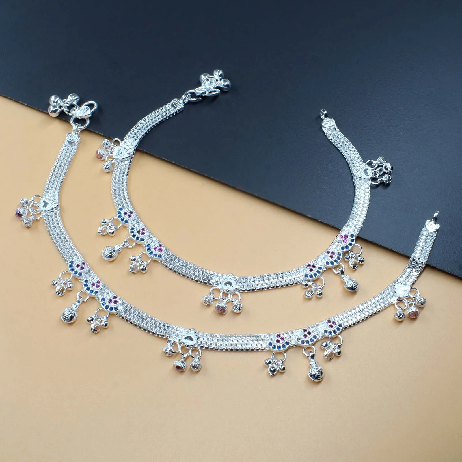 Real Sterling Silver Indian Women CZ Anklets Ankle Pair 10.3"