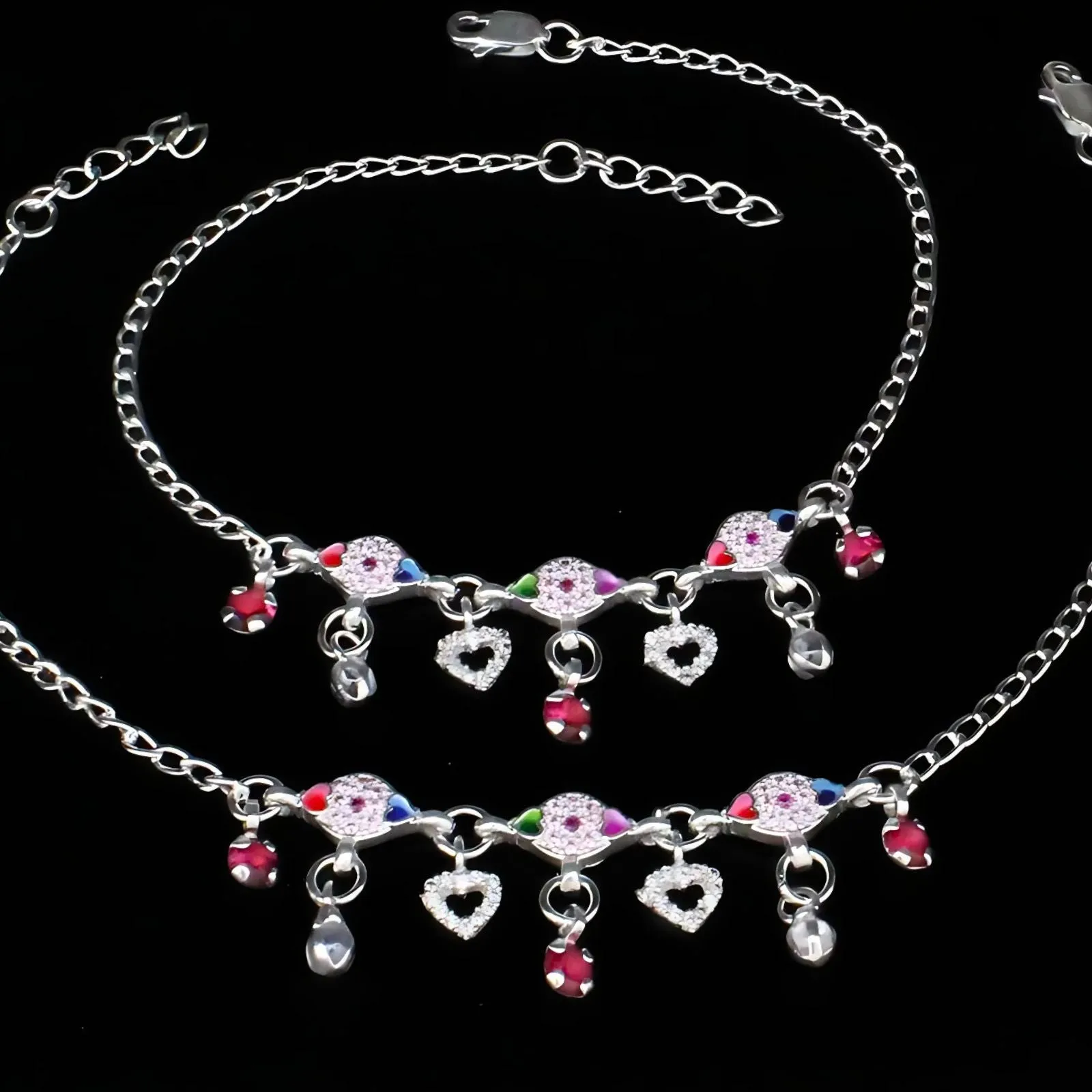 Real Sterling Silver women pink white CZ daily wear stylish Anklets Ankle Pair 10.3"