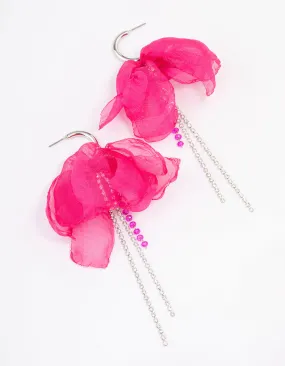 Rhodium & Pink Flower Cup Chain Drop Earrings