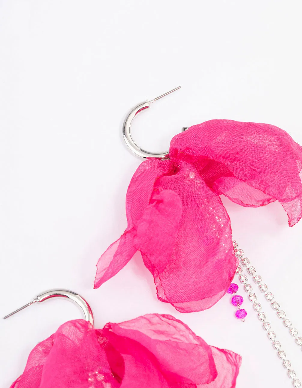 Rhodium & Pink Flower Cup Chain Drop Earrings