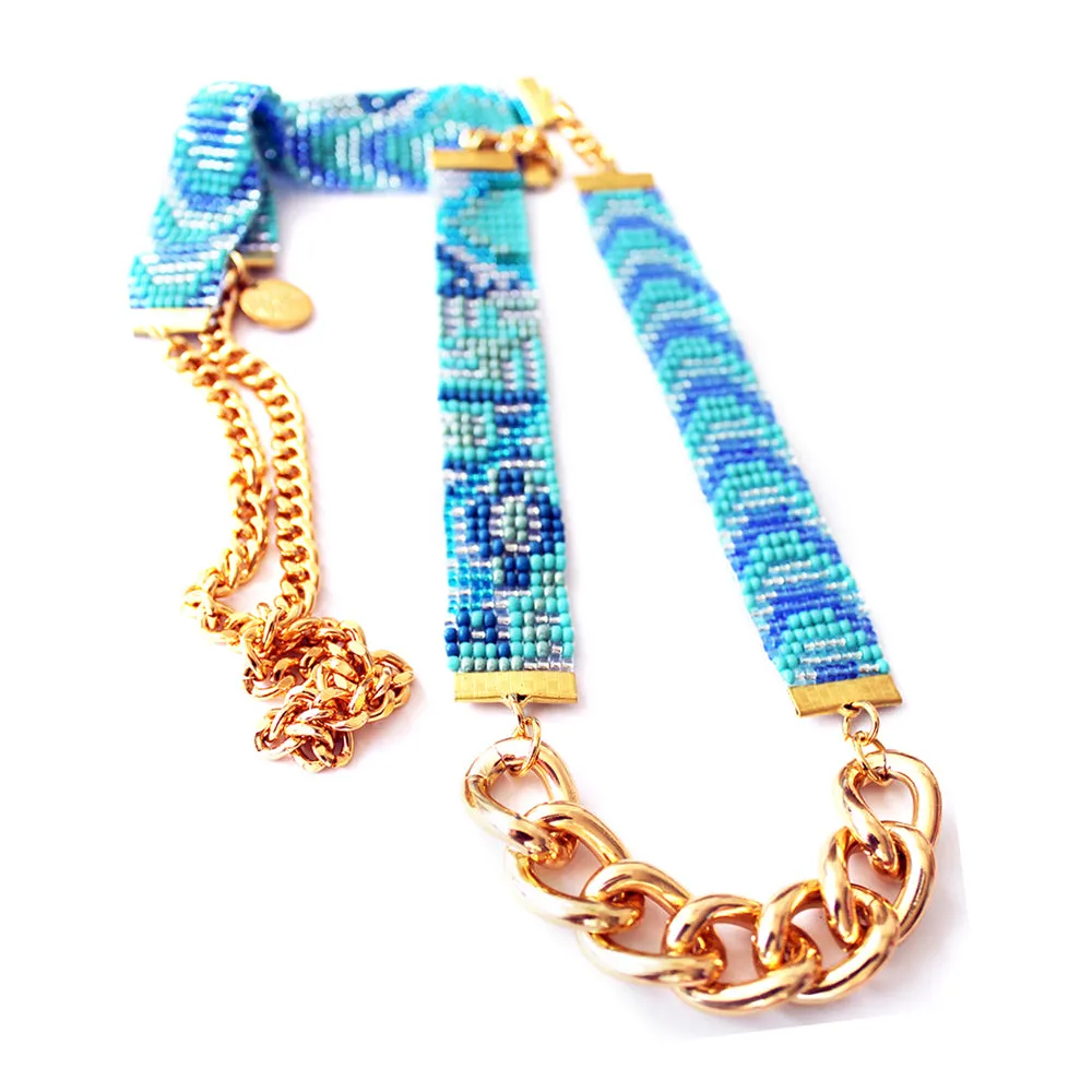 Sea Candy Long Woven Beaded Necklace - blue