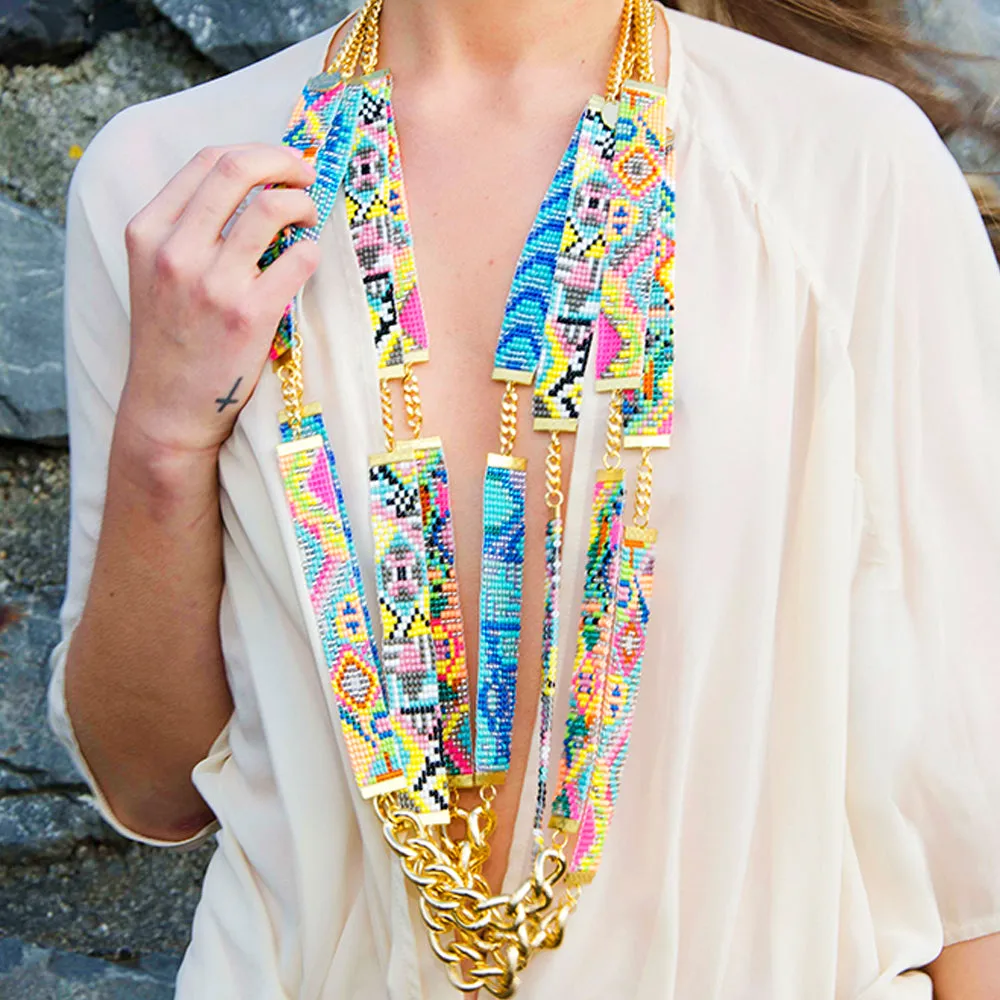 Sea Candy Long Woven Beaded Necklace - blue