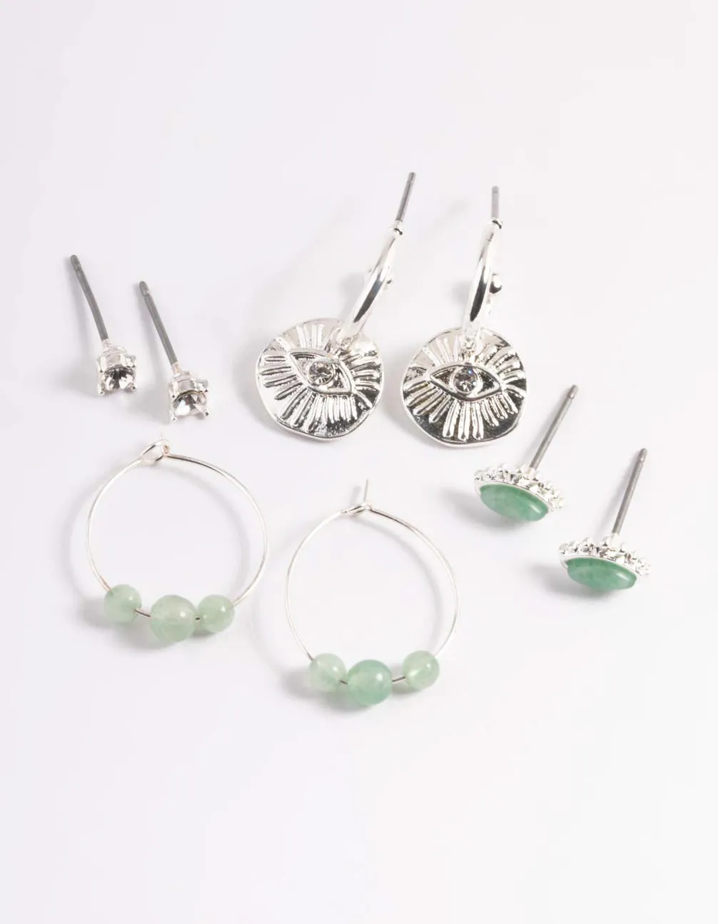 Silver Green Fluorite Evil Diamante Stick Earrings