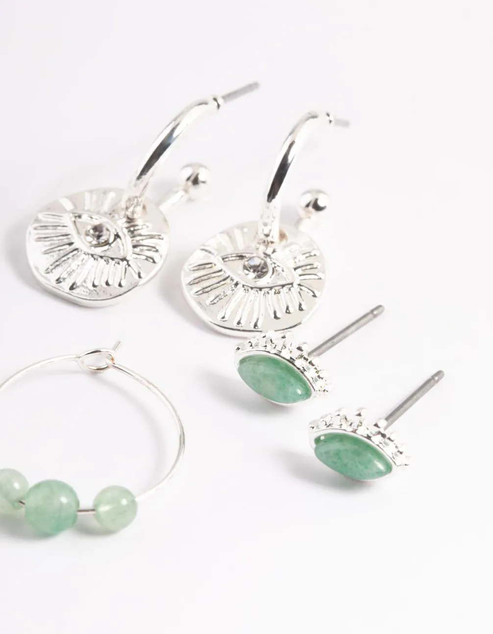 Silver Green Fluorite Evil Diamante Stick Earrings